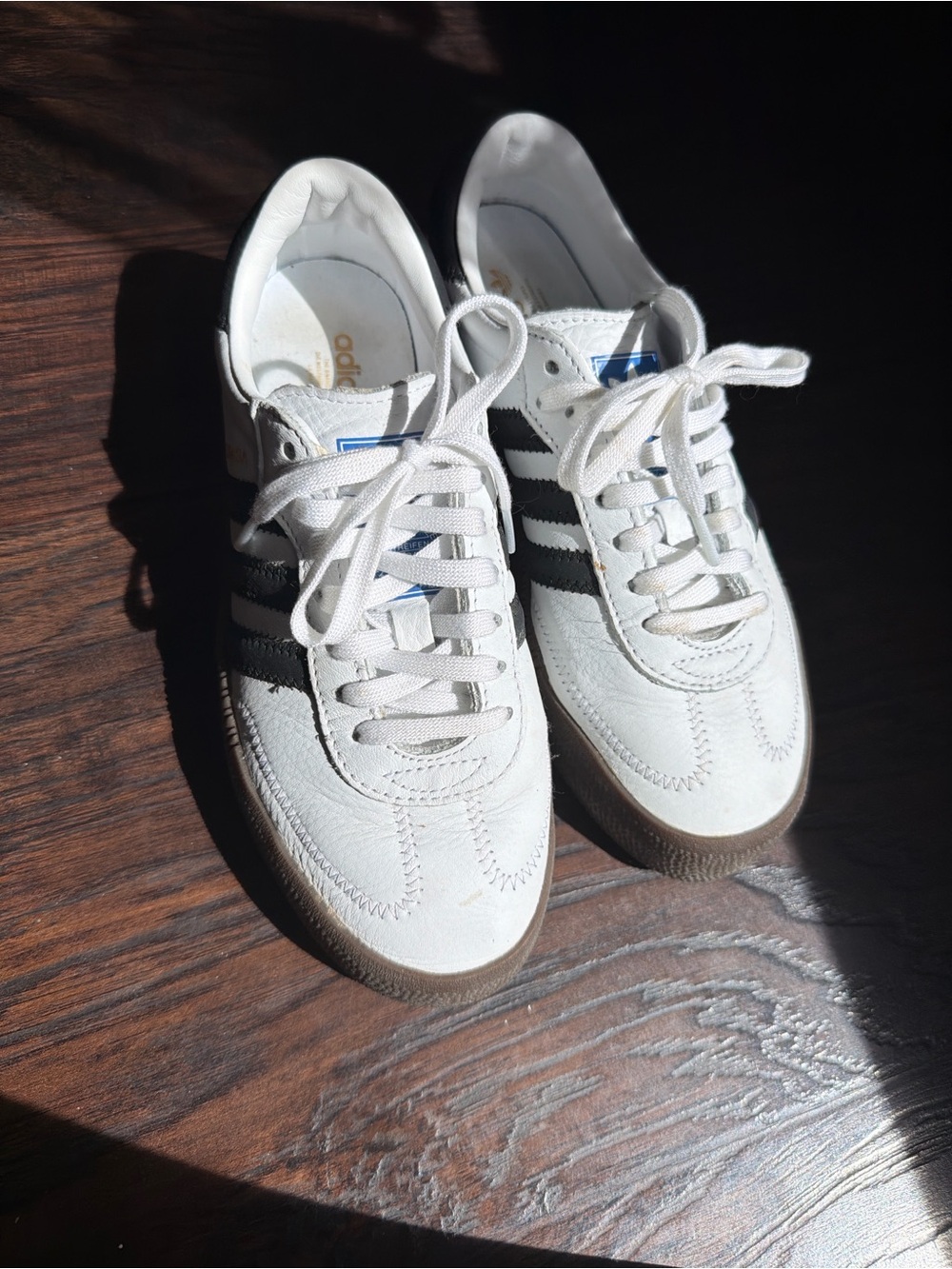 adidas White Sneakers with Black Stripes and Gum Sole